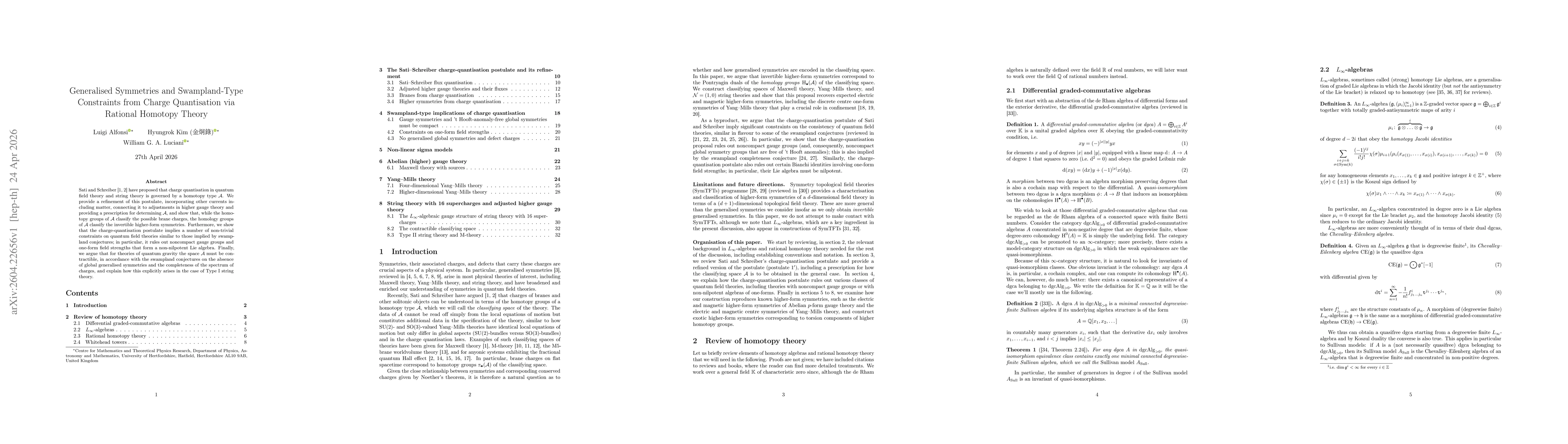 Thumbnail for Generalised Symmetries and Swampland-Type Constraints from Charge Quantisation via Rational Homotopy Theory
