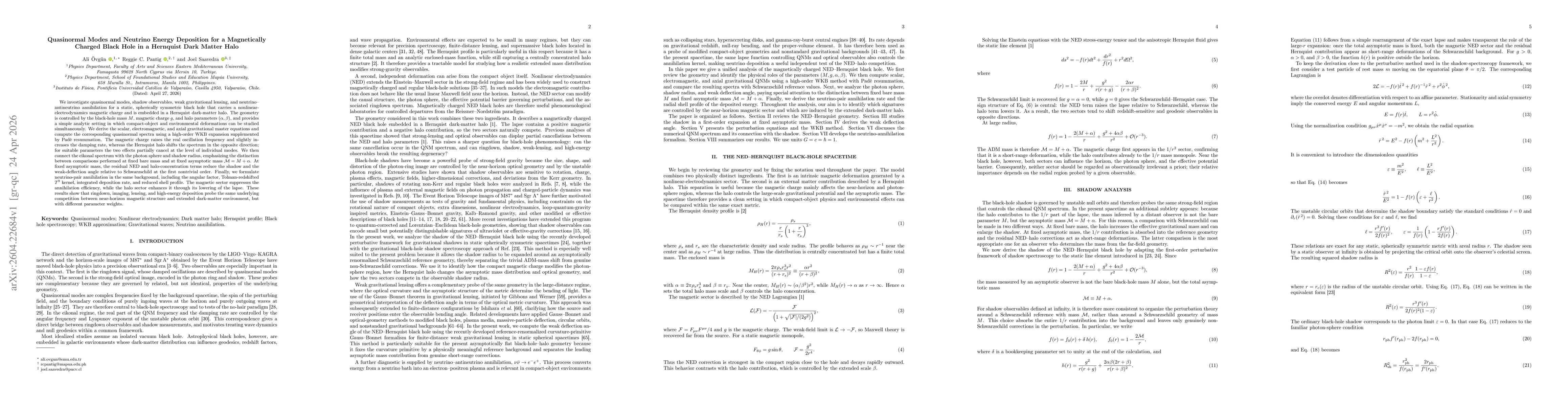 Thumbnail for Quasinormal Modes and Neutrino Energy Deposition for a Magnetically Charged Black Hole in a Hernquist Dark Matter Halo