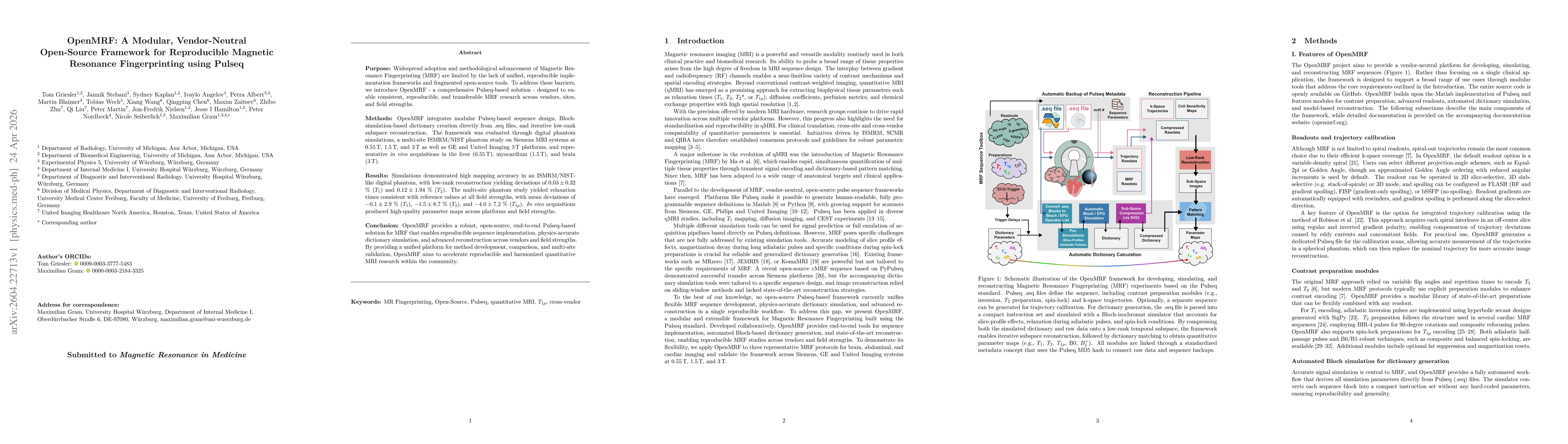Thumbnail for OpenMRF: A Modular, Vendor-Neutral Open-Source Framework for Reproducible Magnetic Resonance Fingerprinting using Pulseq
