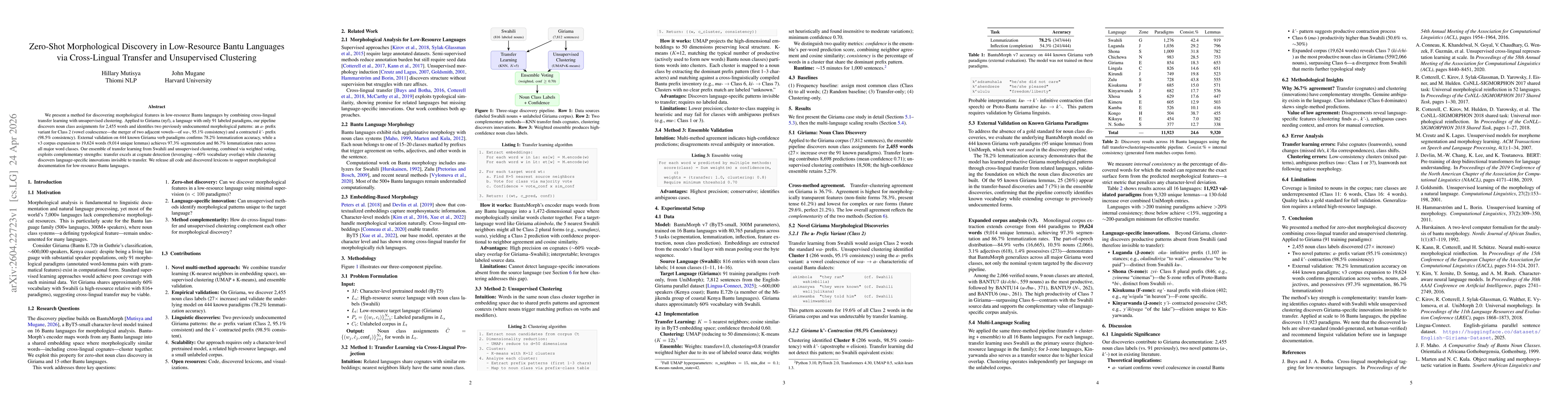 Thumbnail for Zero-Shot Morphological Discovery in Low-Resource Bantu Languages via Cross-Lingual Transfer and Unsupervised Clustering