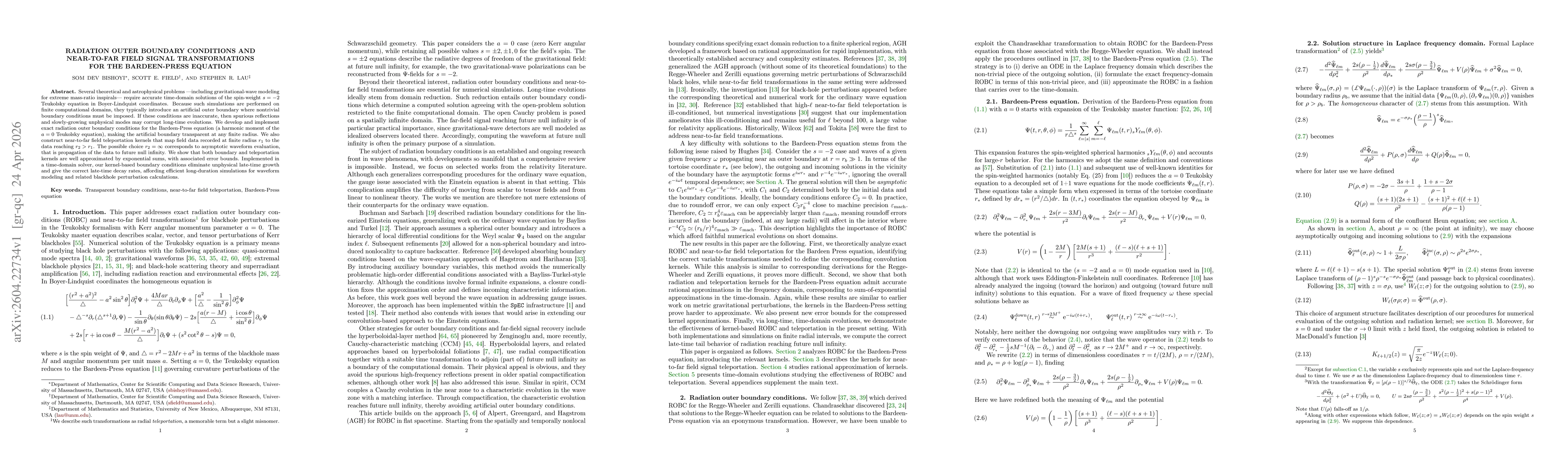 Thumbnail for Radiation outer boundary conditions and near-to-far field signal transformations for the Bardeen-Press equation