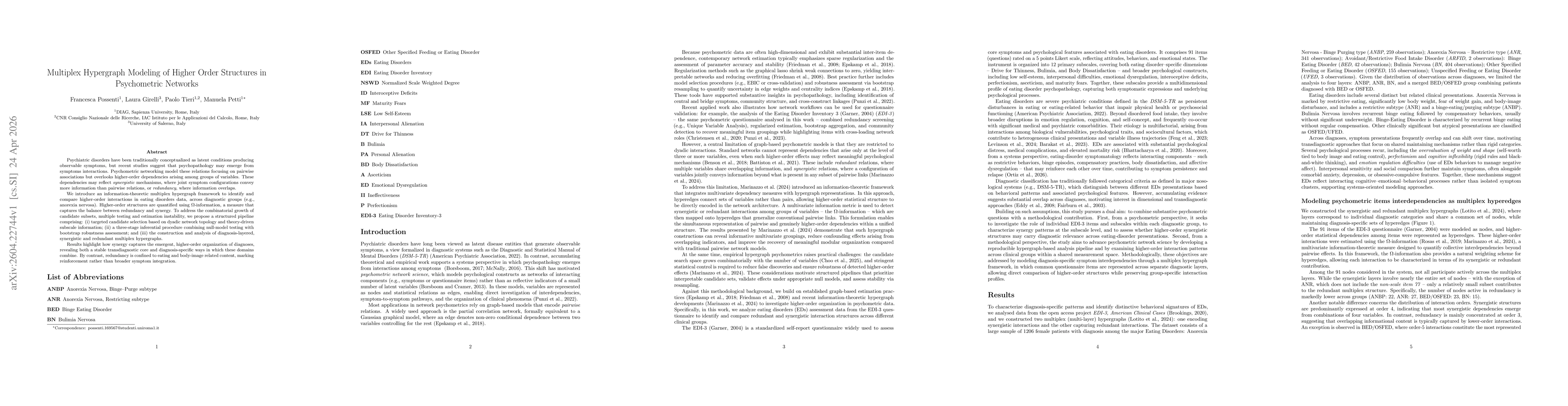 Thumbnail for Multiplex Hypergraph Modeling of Higher Order Structures in Psychometric Networks
