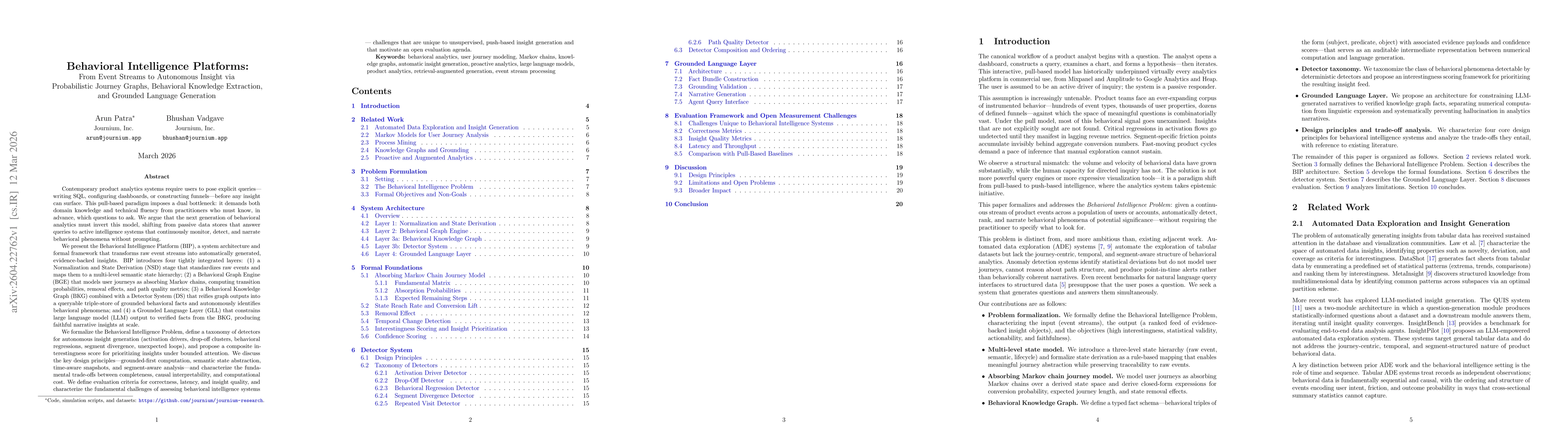 Thumbnail for Behavioral Intelligence Platforms: From Event Streams to Autonomous Insight via Probabilistic Journey Graphs, Behavioral Knowledge Extraction, and Grounded Language Generation