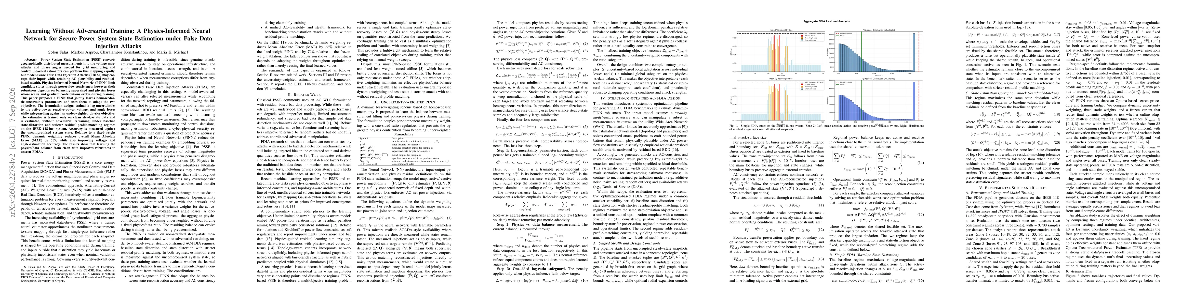Thumbnail for Learning Without Adversarial Training: A Physics-Informed Neural Network for Secure Power System State Estimation under False Data Injection Attacks