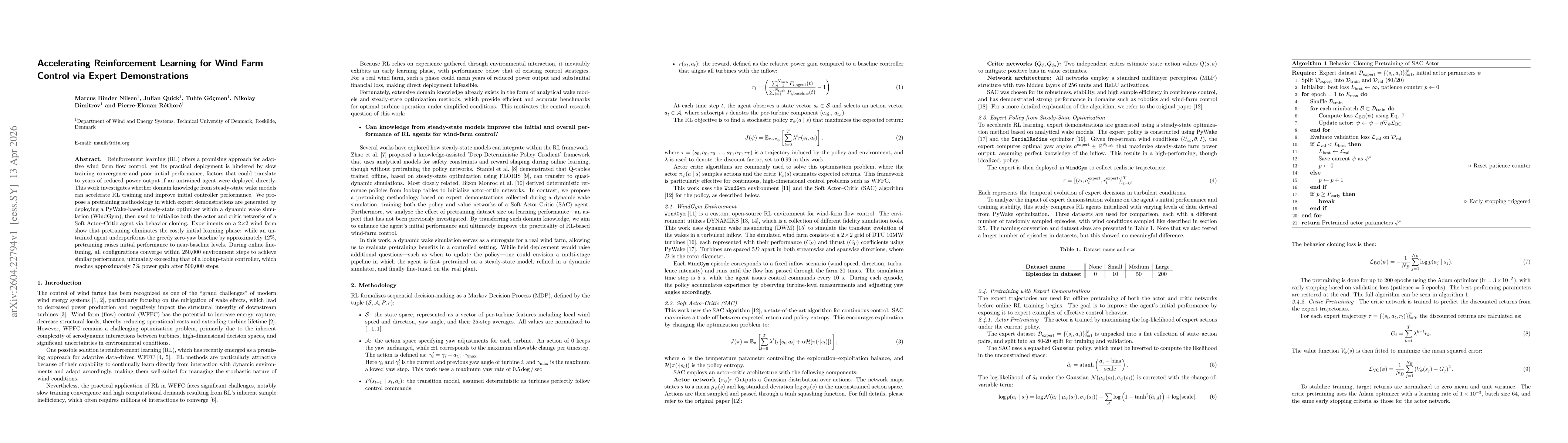 Thumbnail for Accelerating Reinforcement Learning for Wind Farm Control via Expert Demonstrations