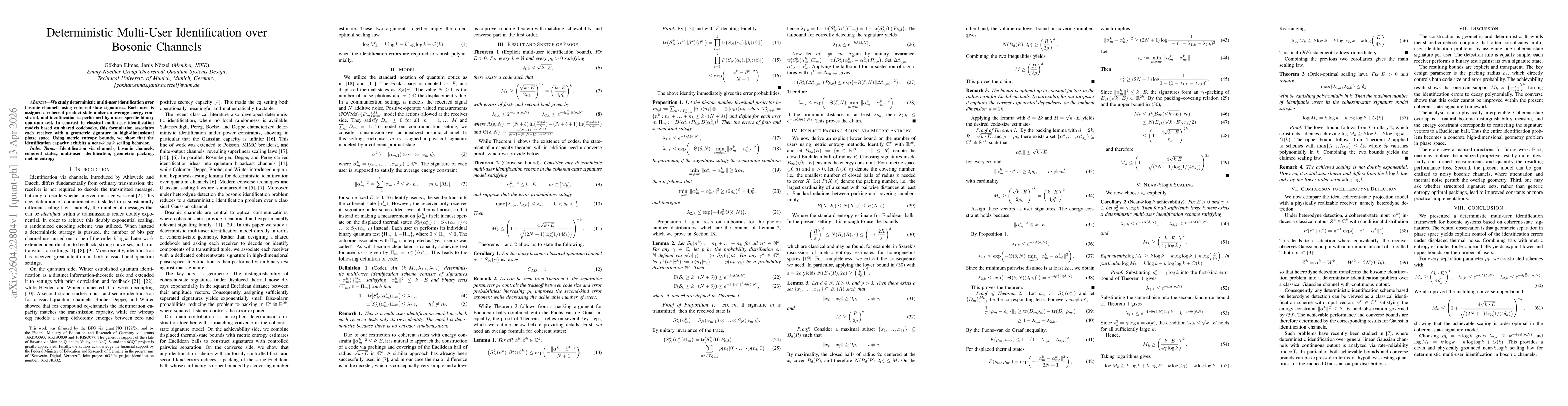 Thumbnail for Deterministic Multi-User Identification over Bosonic Channels
