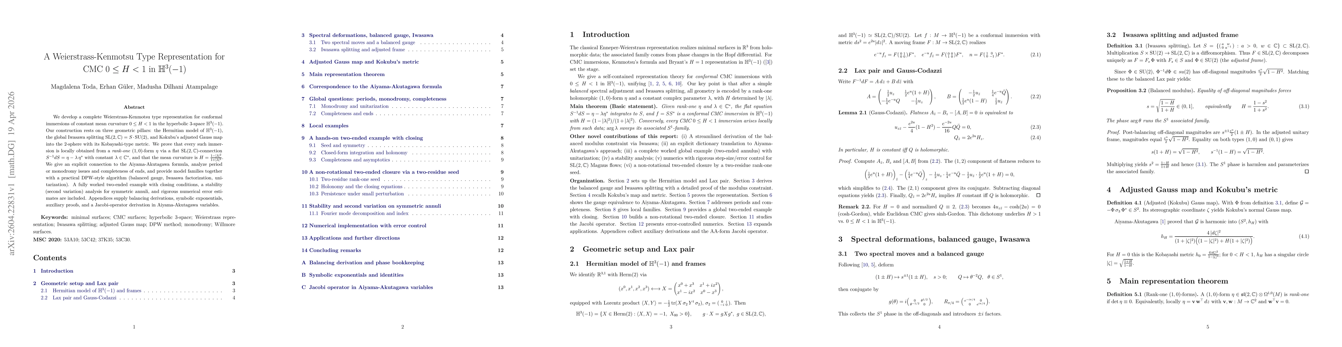 Thumbnail for A Weierstrass-Kenmotsu Type Representation for CMC $0\le H<1$ in \$\mathbb{H}^3(-1)$