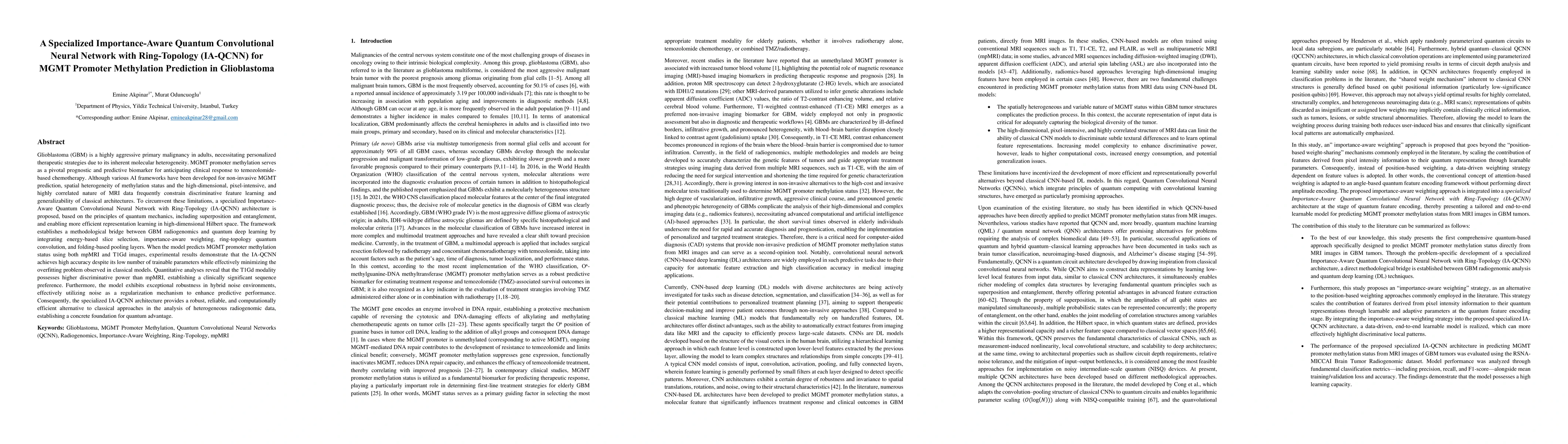 Thumbnail for A Specialized Importance-Aware Quantum Convolutional Neural Network with Ring-Topology (IA-QCNN) for MGMT Promoter Methylation Prediction in Glioblastoma