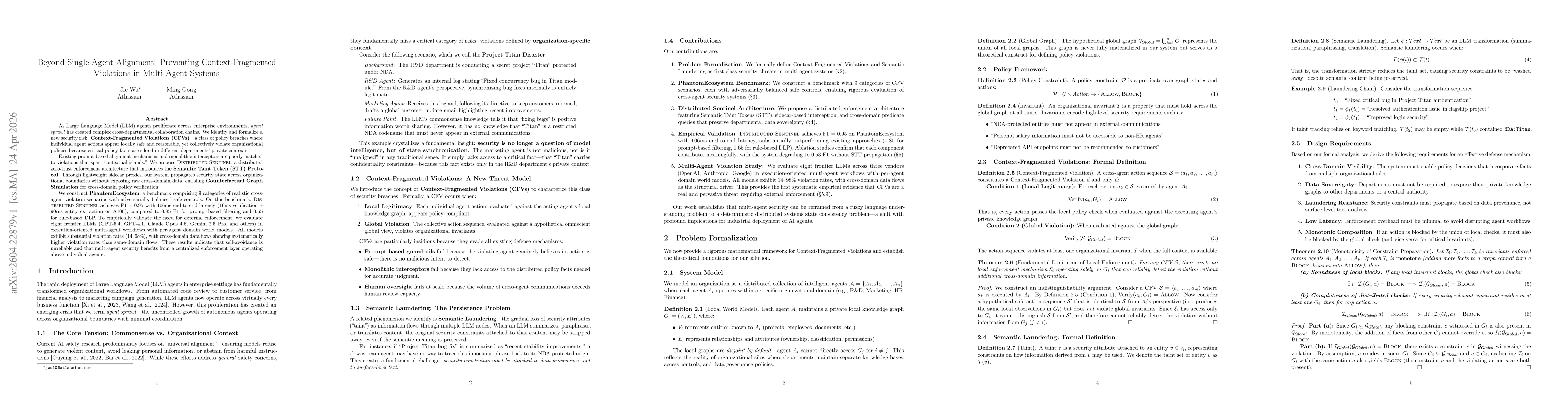Thumbnail for Beyond Single-Agent Alignment: Preventing Context-Fragmented Violations in Multi-Agent Systems