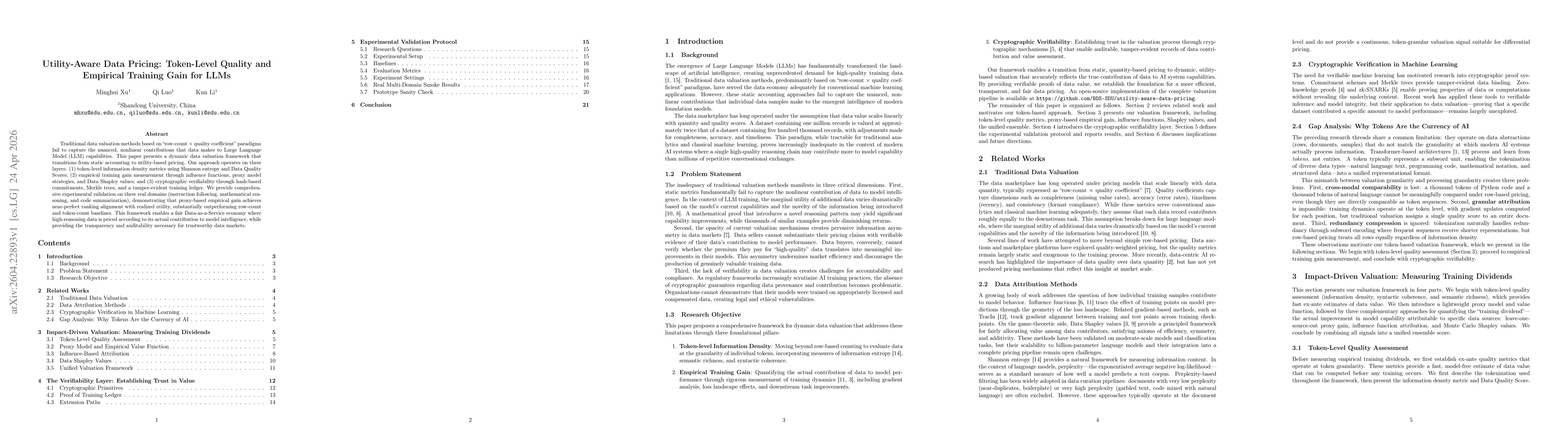 Thumbnail for Utility-Aware Data Pricing: Token-Level Quality and Empirical Training Gain for LLMs