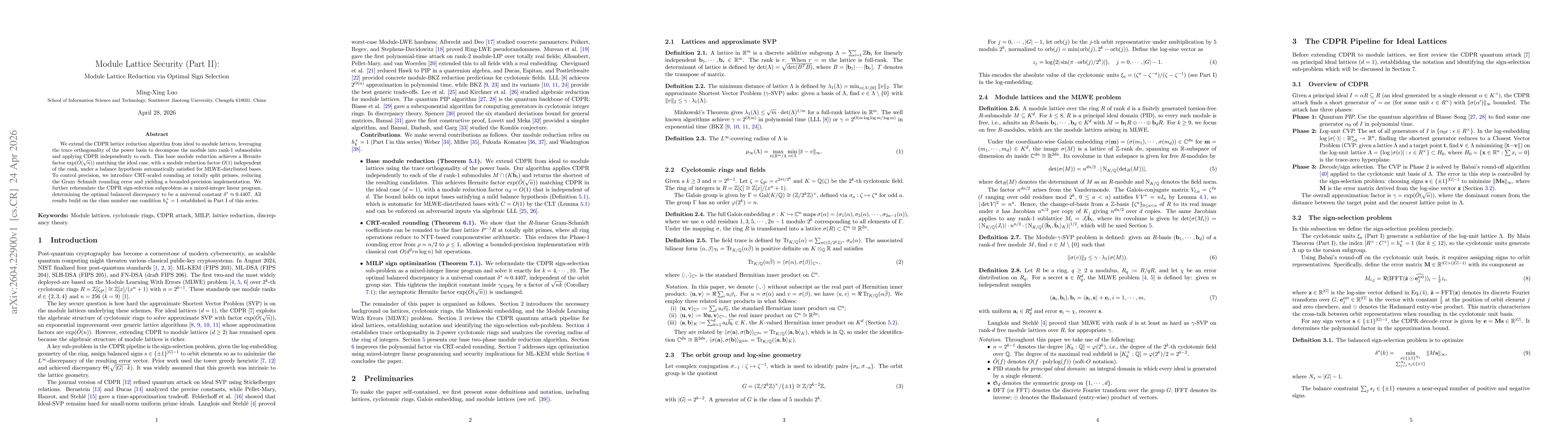 Thumbnail for Module Lattice Security (Part II): Module Lattice Reduction via Optimal Sign Selection
