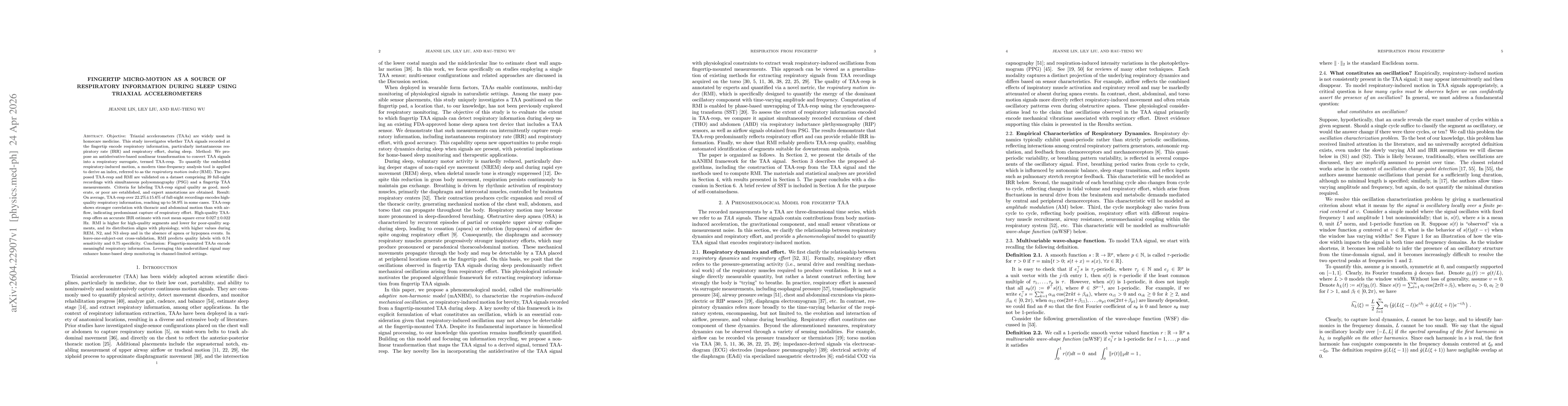 Thumbnail for Fingertip Micro-Motion as a Source of Respiratory Information During Sleep Using Triaxial Accelerometers