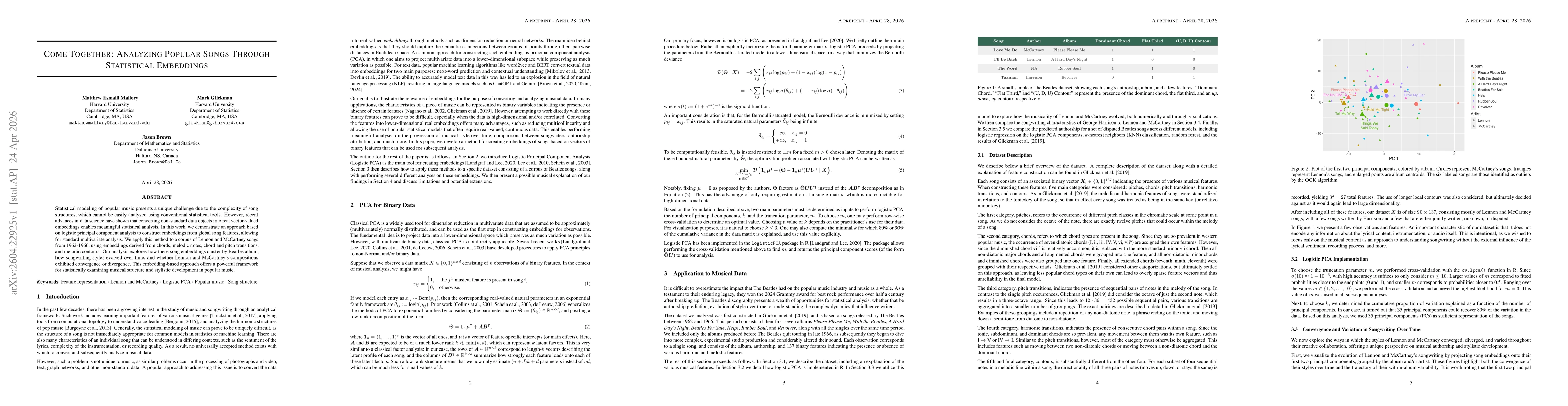 Thumbnail for Come Together: Analyzing Popular Songs Through Statistical Embeddings