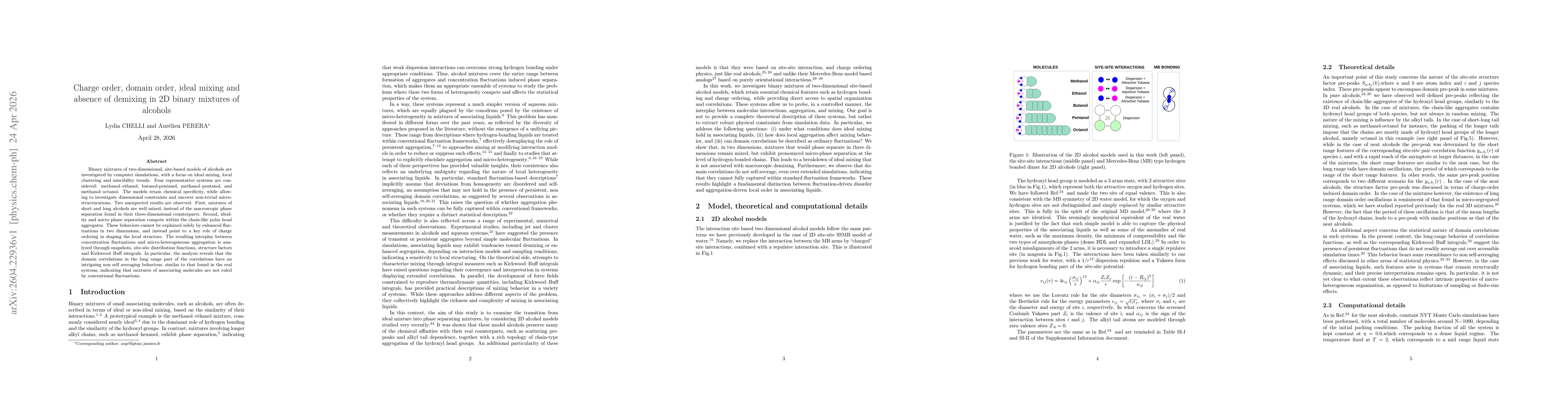 Thumbnail for Charge order, domain order, ideal mixing and absence of demixing in 2D binary mixtures of alcohols