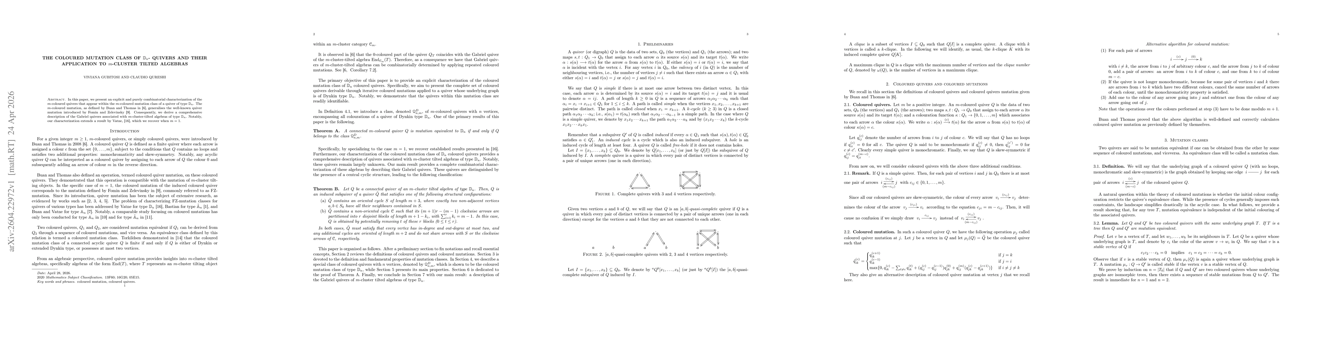 Thumbnail for The coloured mutation class of $\mathbb{D}_n$- quivers and their application to $m$-cluster tilted algebras