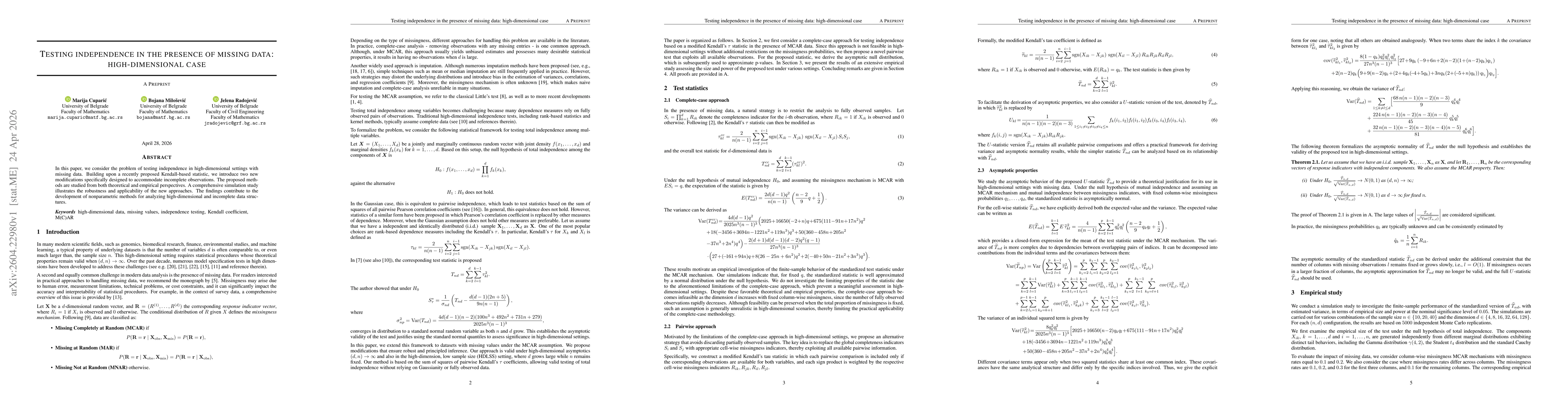 Thumbnail for Testing independence in the presence of missing data: high-dimensional case