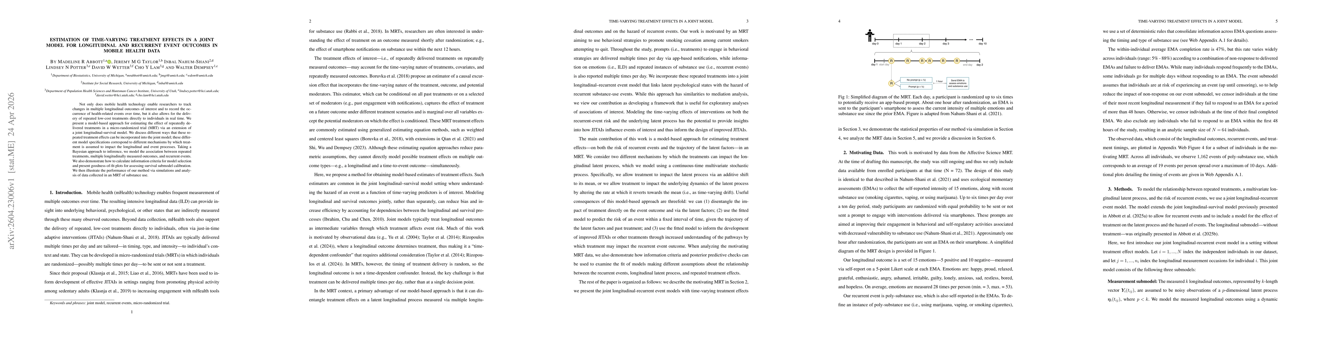 Thumbnail for Estimation of Time-Varying Treatment Effects in a Joint Model for Longitudinal and Recurrent Event Outcomes in Mobile Health Data