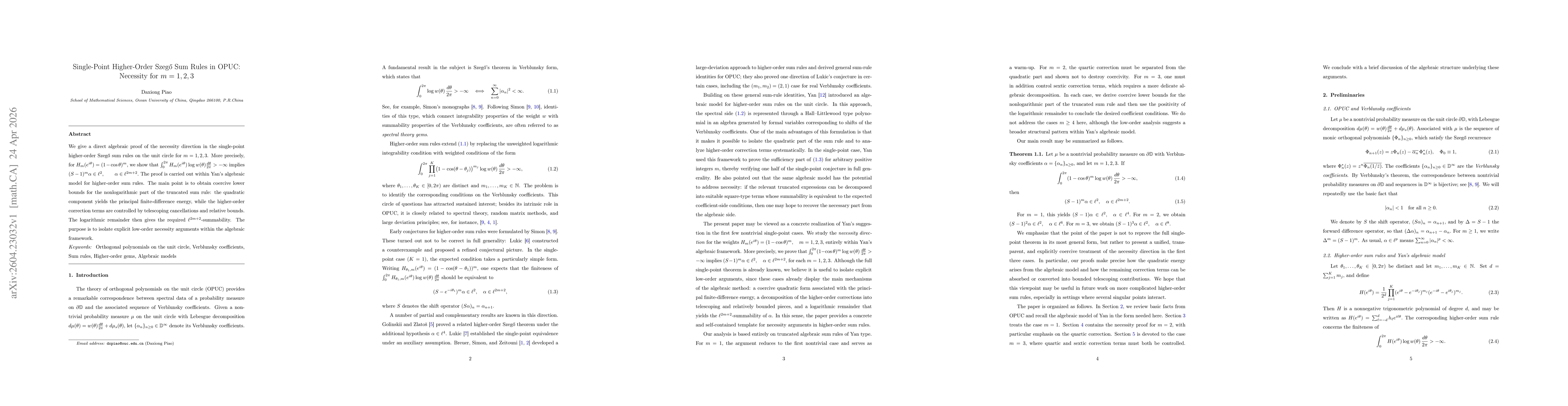 Thumbnail for Single-Point Higher-Order Szegő Sum Rules in OPUC: Necessity for $m=1,2,3$