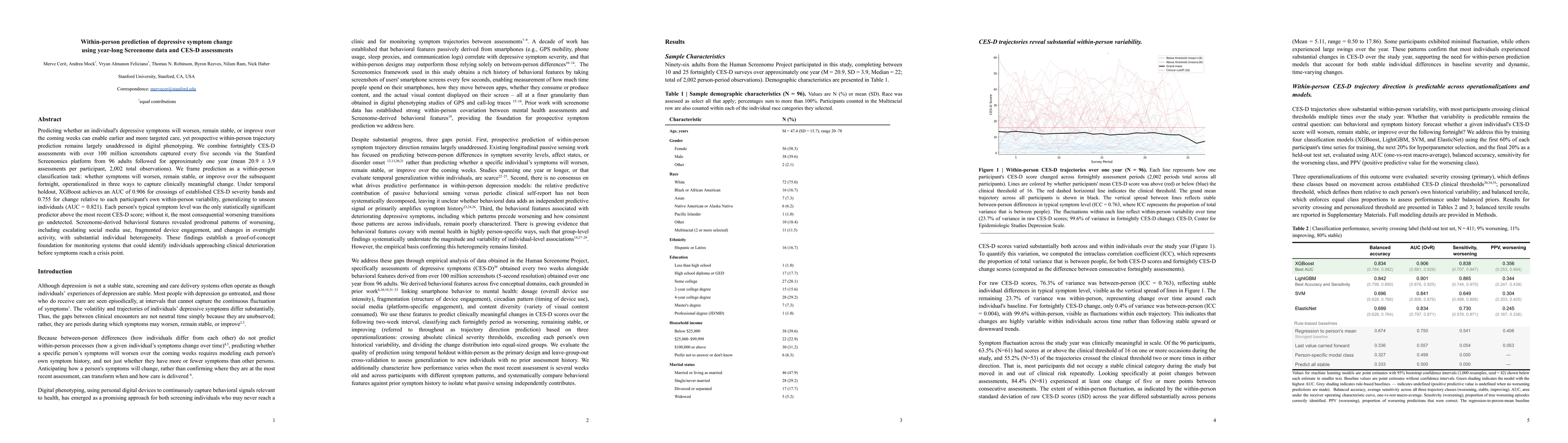 Thumbnail for Within-person prediction of depressive symptom change using year-long Screenome data and CES-D assessments