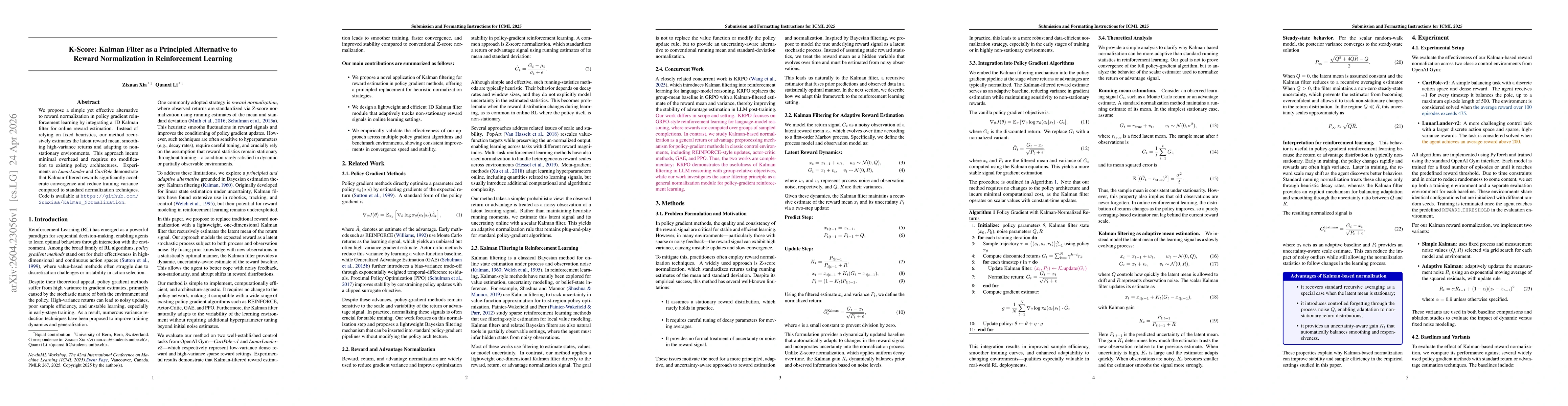 Thumbnail for K-Score: Kalman Filter as a Principled Alternative to Reward Normalization in Reinforcement Learning
