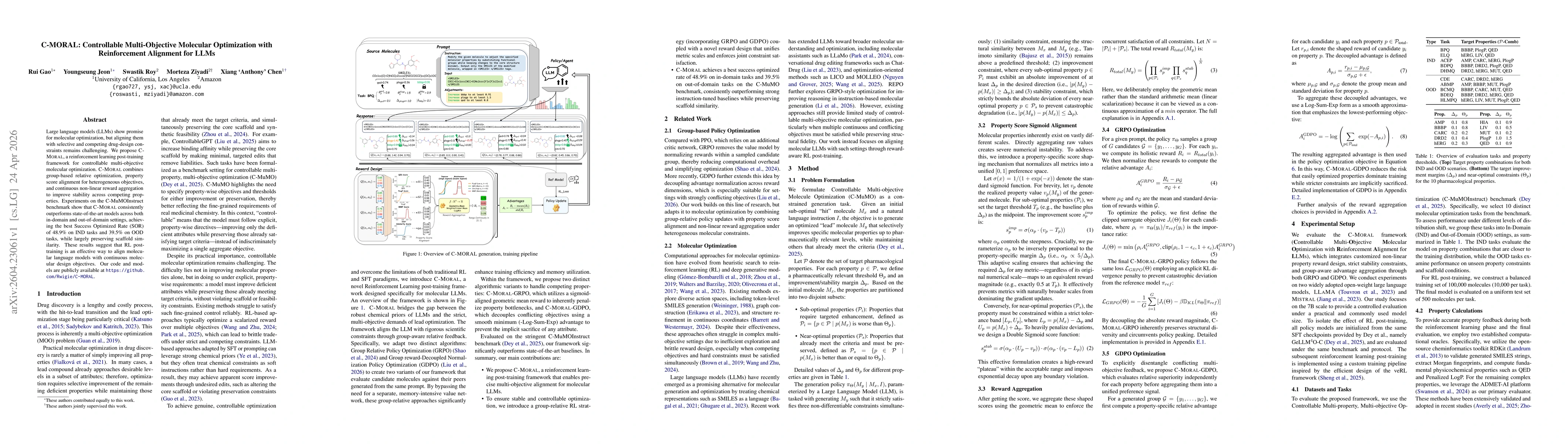 Thumbnail for C-MORAL: Controllable Multi-Objective Molecular Optimization with Reinforcement Alignment for LLMs