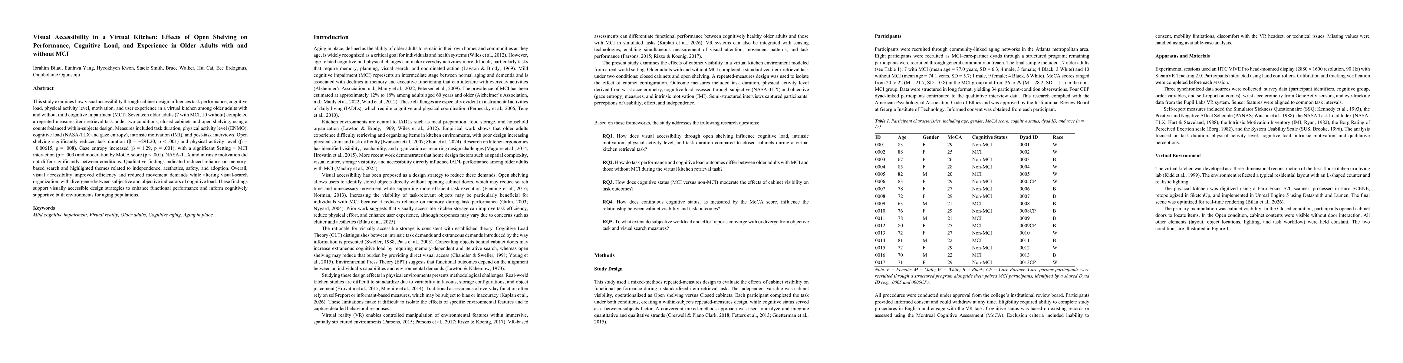 Thumbnail for Visual Accessibility in a Virtual Kitchen: Effects of Open Shelving on Performance, Cognitive Load, and Experience in Older Adults with and without MCI