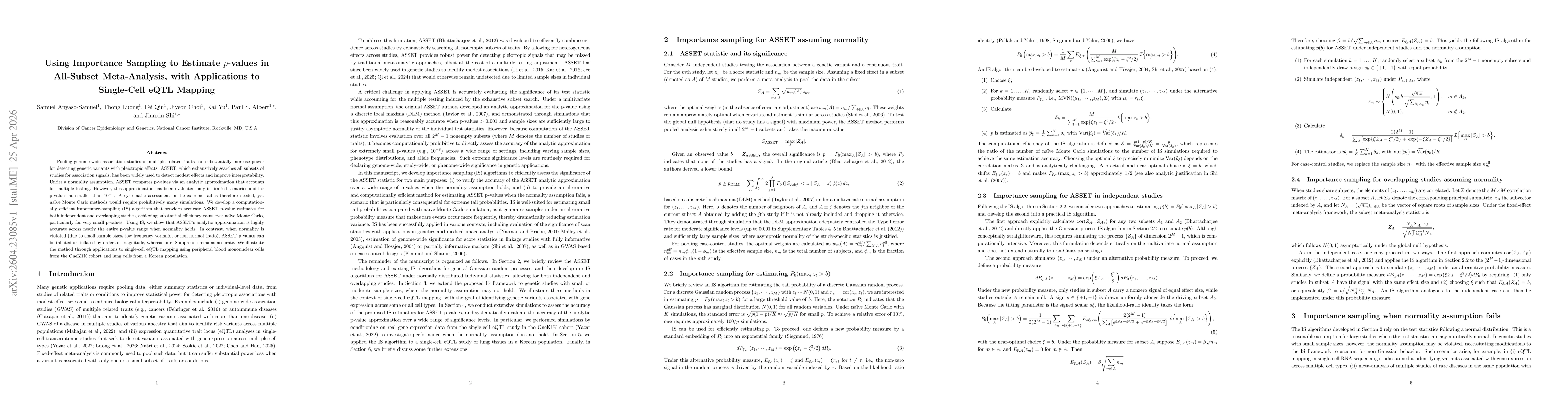 Thumbnail for Using Importance Sampling to Estimate $p$-values in All-Subset Meta-Analysis, with Applications to Single-Cell eQTL Mapping