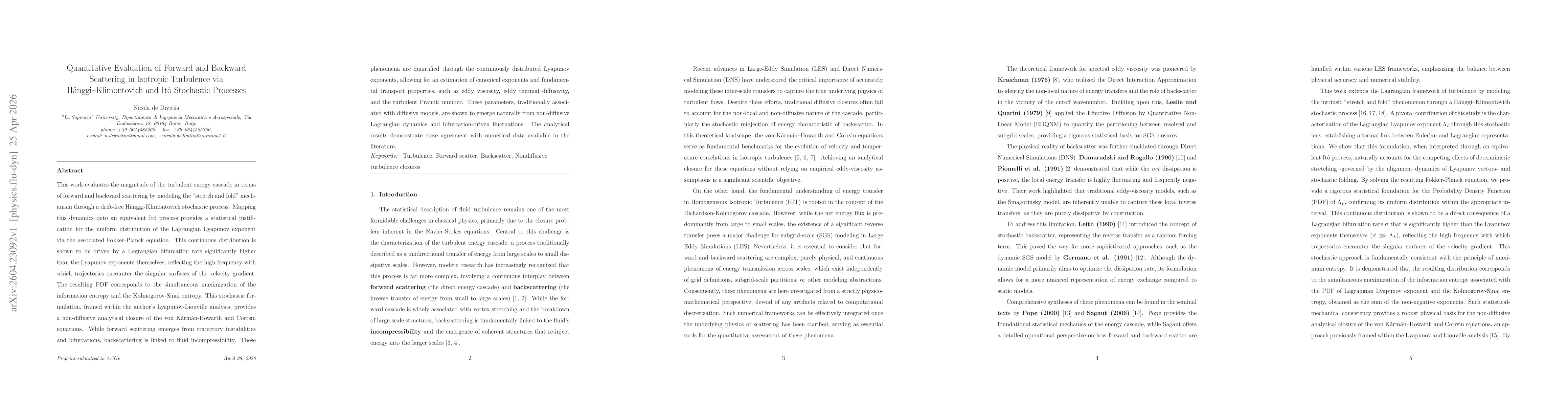 Thumbnail for Quantitative Evaluation of Forward and Backward Scattering in Isotropic Turbulence via Hänggi--Klimontovich and Itô Stochastic Processes