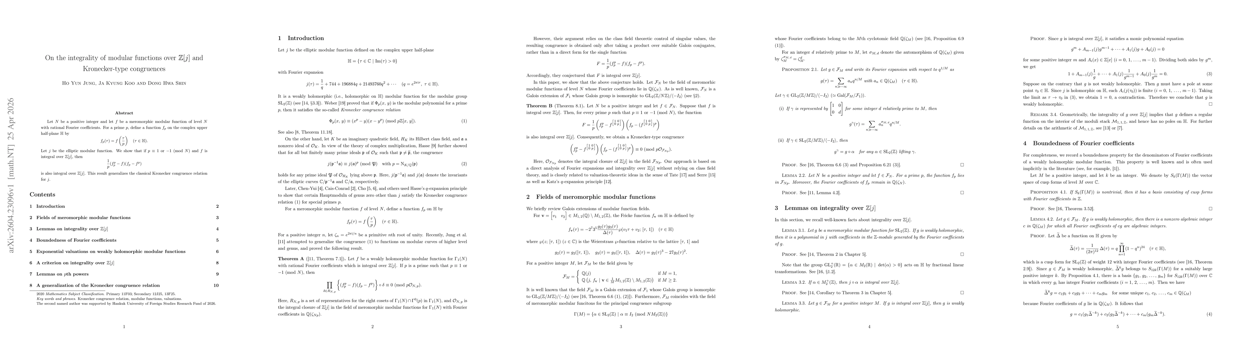 Thumbnail for On the integrality of modular functions over $\mathbb{Z}[j]$ and Kronecker-type congruences