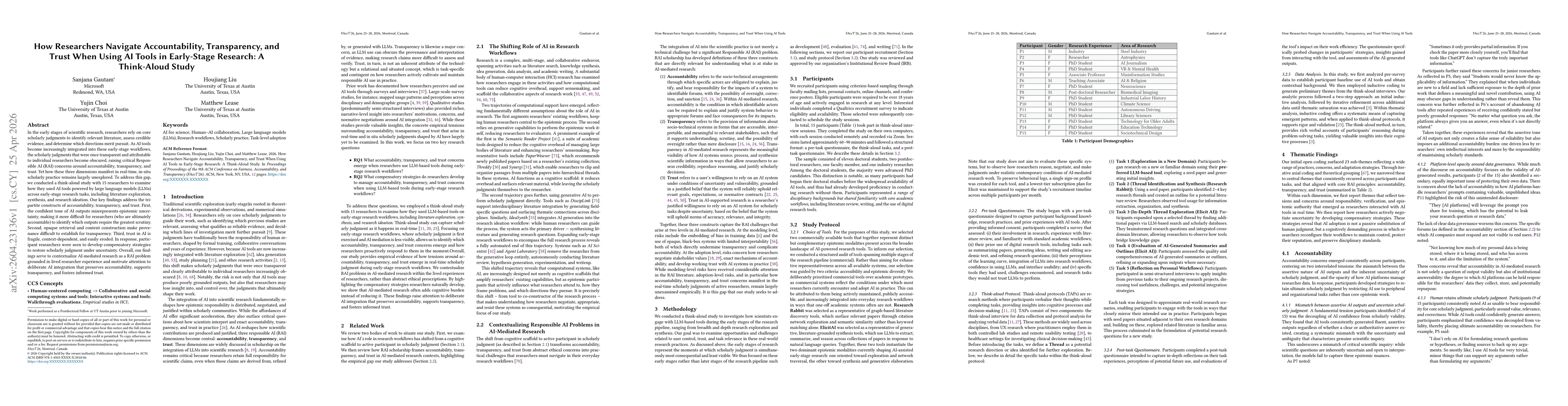 Thumbnail for How Researchers Navigate Accountability, Transparency, and Trust When Using AI Tools in Early-Stage Research: A Think-Aloud Study