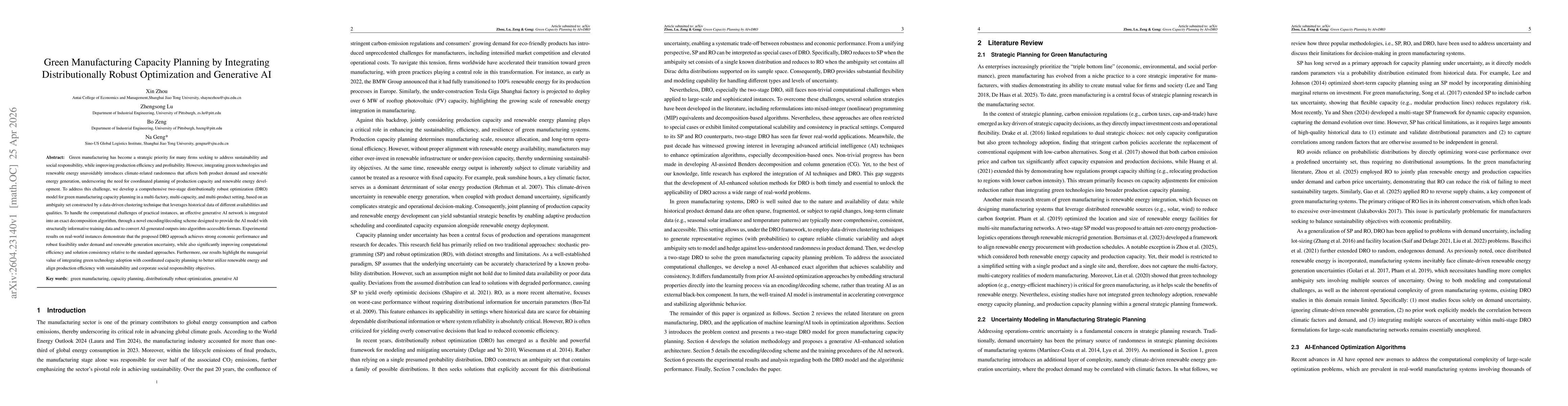 Thumbnail for Green Manufacturing Capacity Planning by Integrating Distributionally Robust Optimization and Generative AI