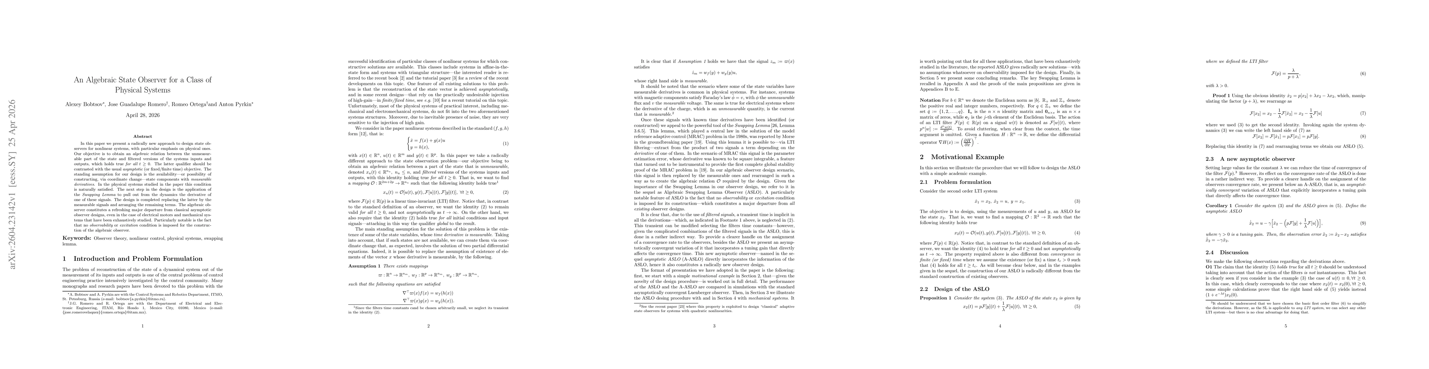 Thumbnail for An Algebraic State Observer for a Class of Physical Systems