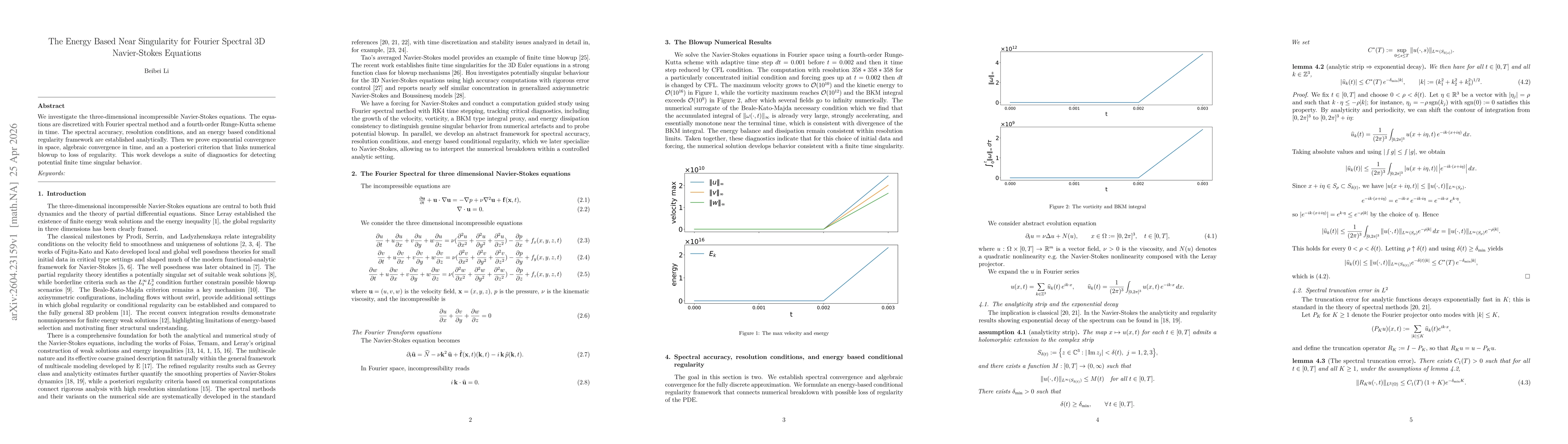 Thumbnail for The Energy Based Near Singularity for Fourier Spectral 3D Navier-Stokes Equations