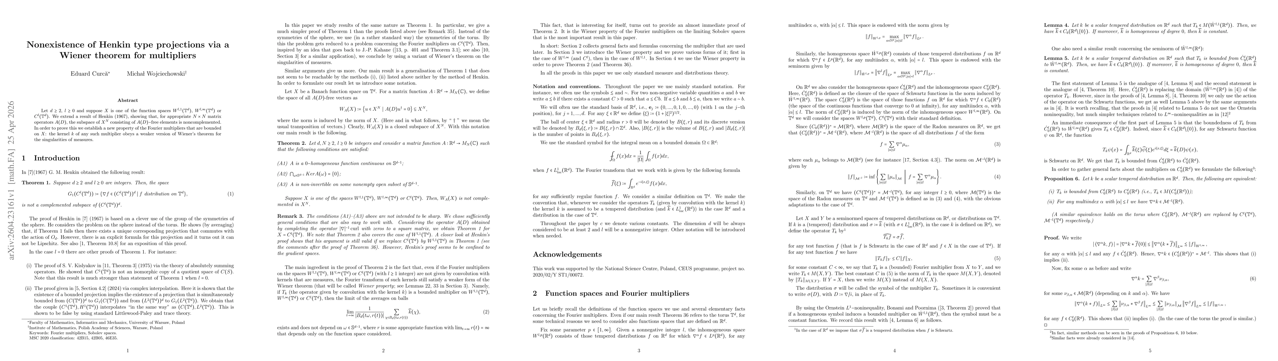 Thumbnail for Nonexistence of Henkin type projections via a Wiener theorem for multipliers
