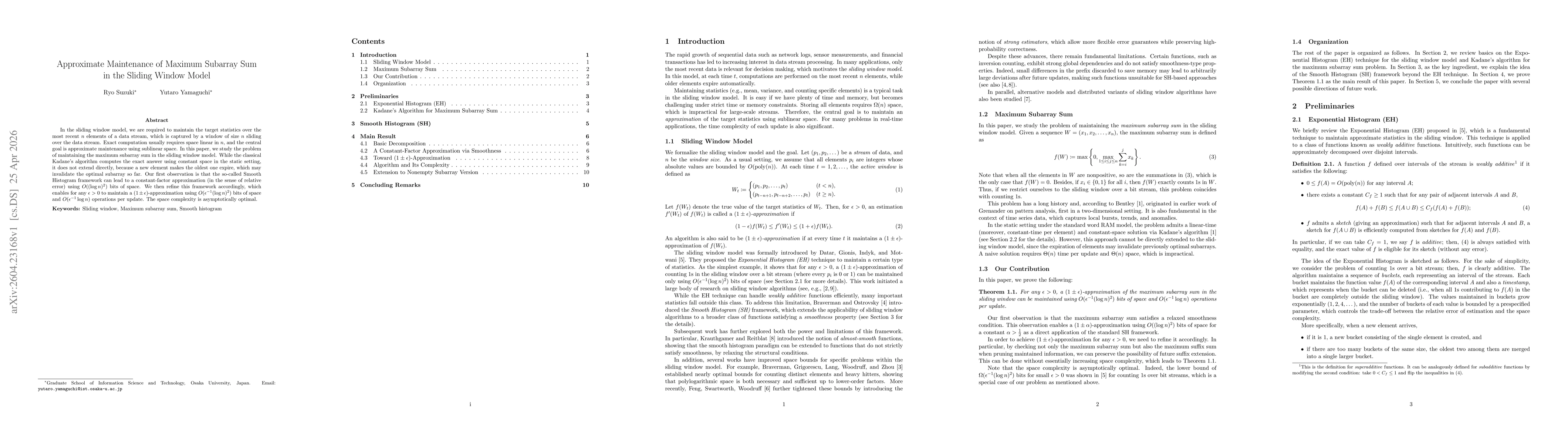 Thumbnail for Approximate Maintenance of Maximum Subarray Sum in the Sliding Window Model