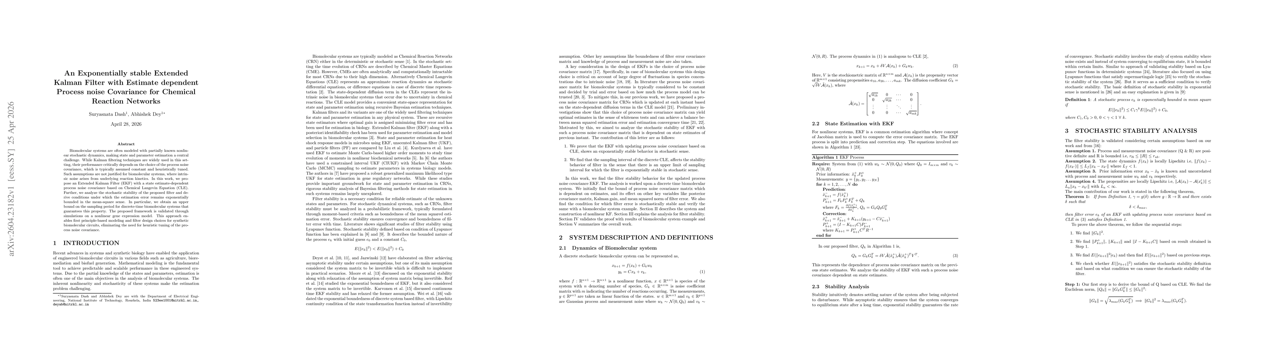 Thumbnail for An Exponentially stable Extended Kalman Filter with Estimate dependent Process noise Covariance for Chemical Reaction Networks