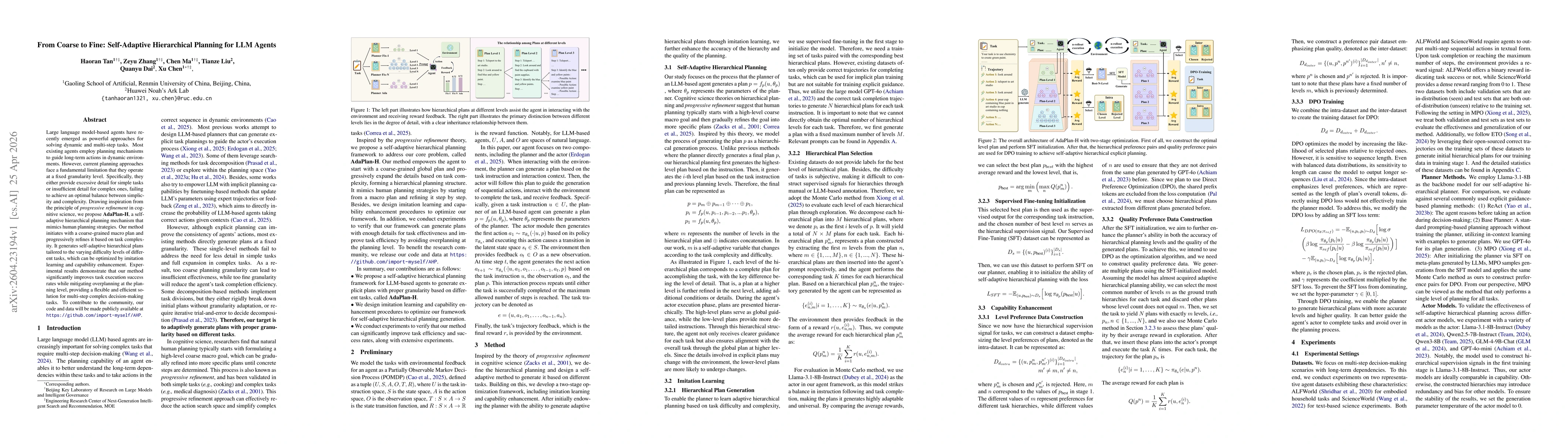 Thumbnail for From Coarse to Fine: Self-Adaptive Hierarchical Planning for LLM Agents