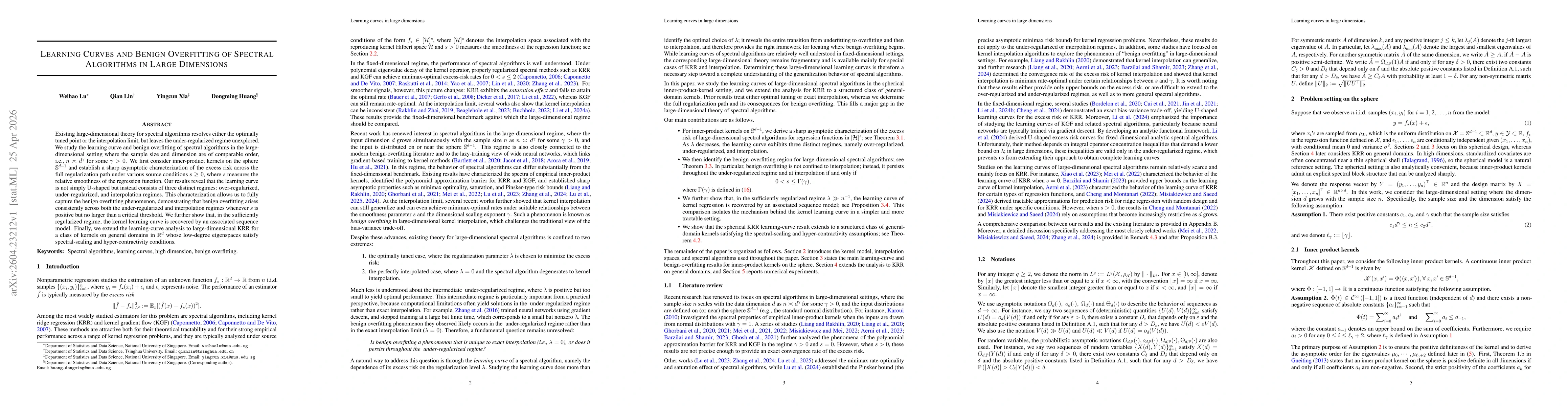 Thumbnail for Learning Curves and Benign Overfitting of Spectral Algorithms in Large Dimensions