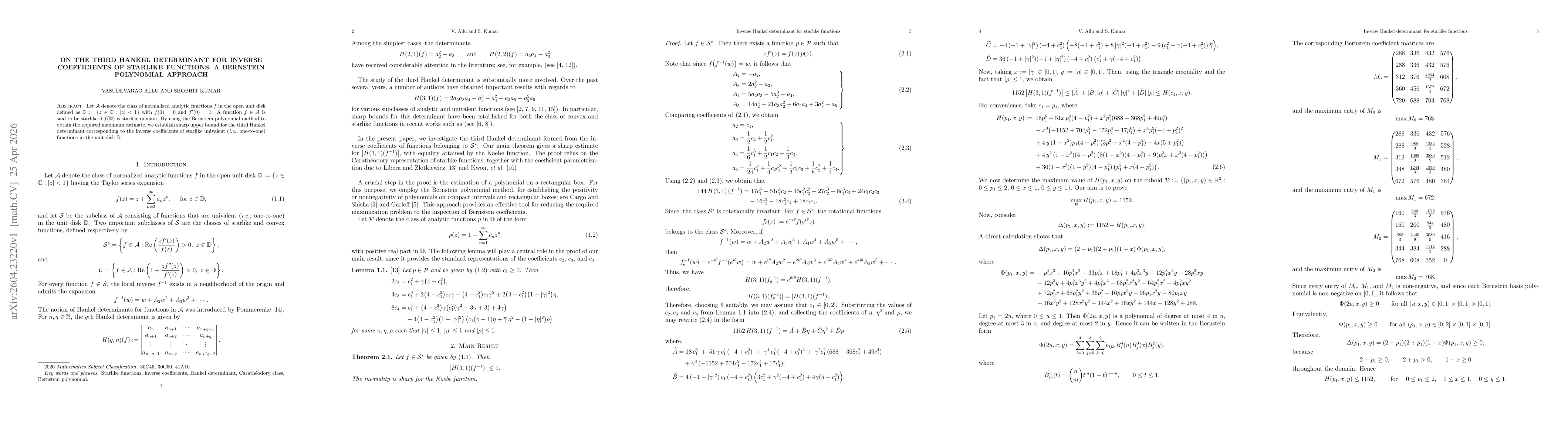 Thumbnail for On the Third Hankel Determinant for Inverse Coefficients of Starlike Functions: A Bernstein Polynomial Approach