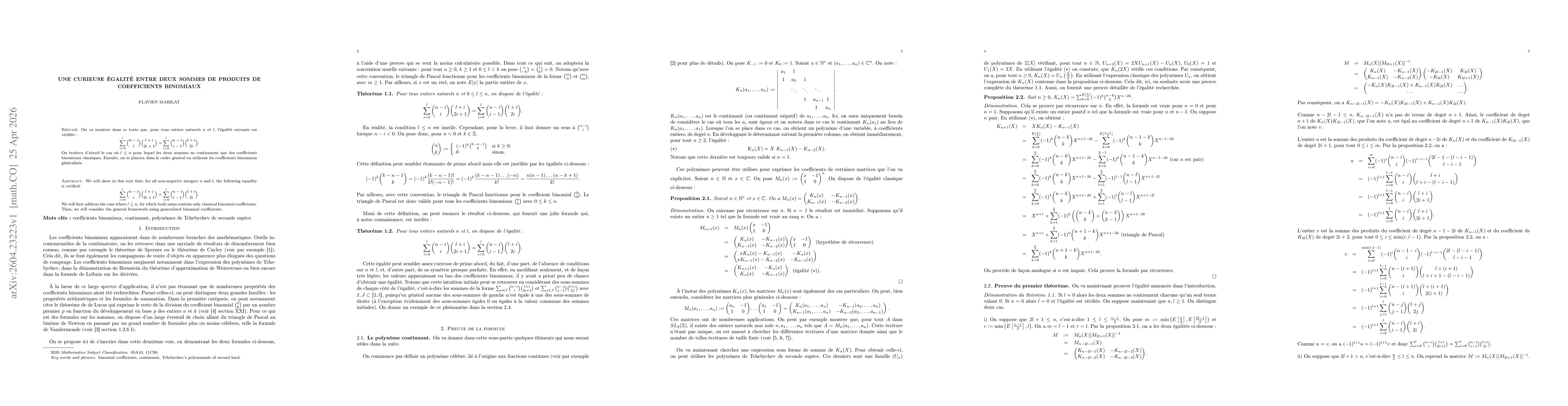 Thumbnail for Une curieuse égalité entre deux sommes de produits de coefficients binomiaux