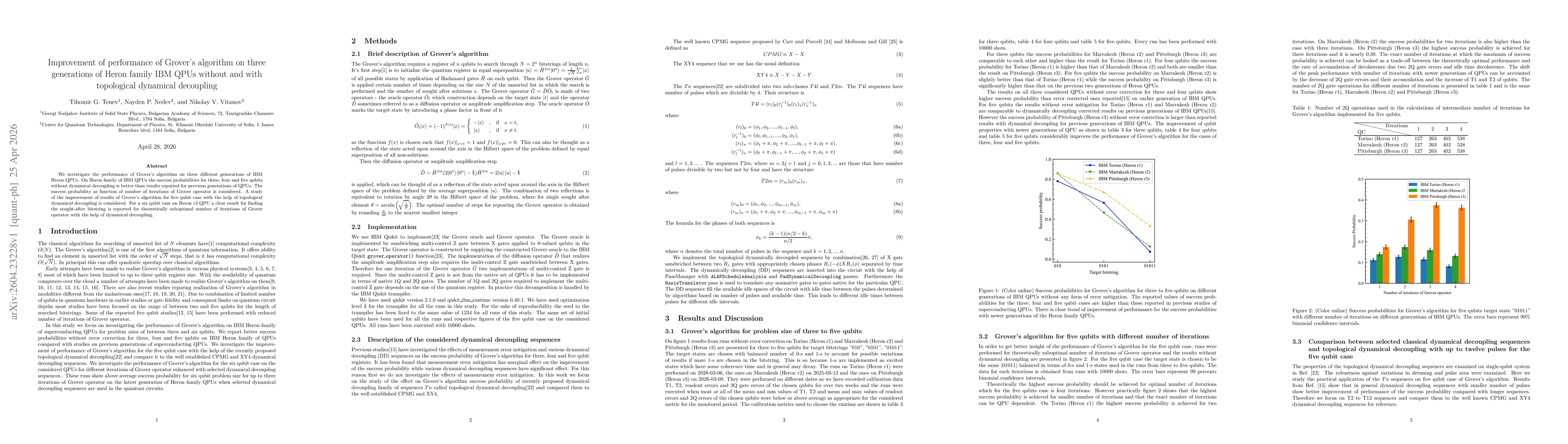 Thumbnail for Improvement of performance of Grover's algorithm on three generations of Heron family IBM QPUs without and with topological dynamical decoupling