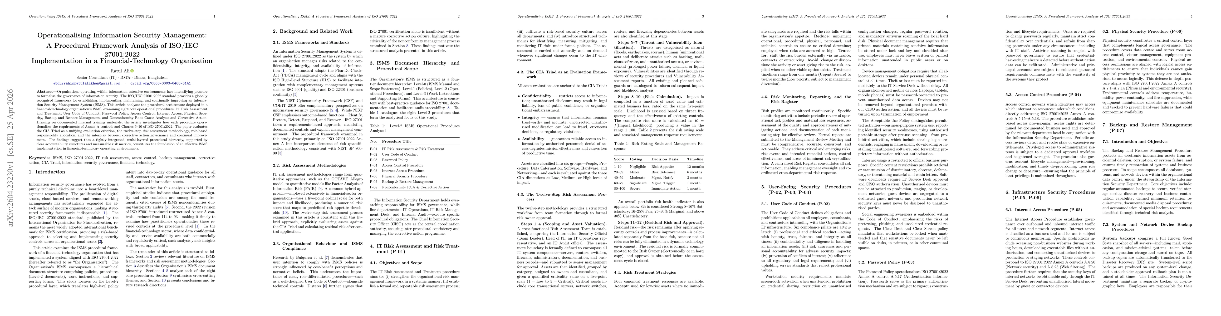 Thumbnail for Operationalising Information Security Management: A Procedural Framework Analysis of ISO/IEC 27001:2022 Implementation in a Financial-Technology Organisation