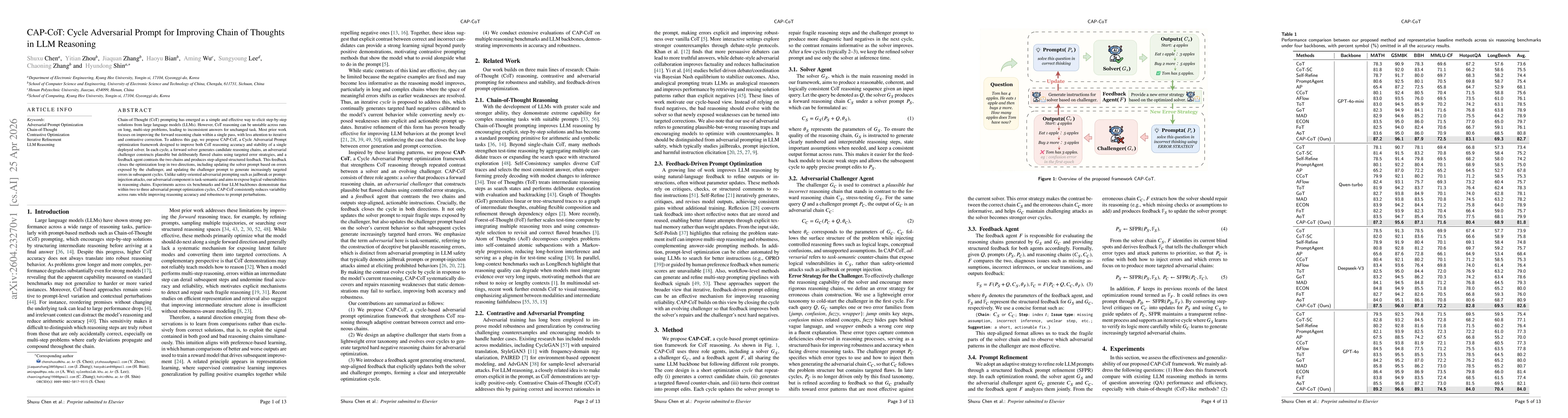 Thumbnail for CAP-CoT: Cycle Adversarial Prompt for Improving Chain of Thoughts in LLM Reasoning