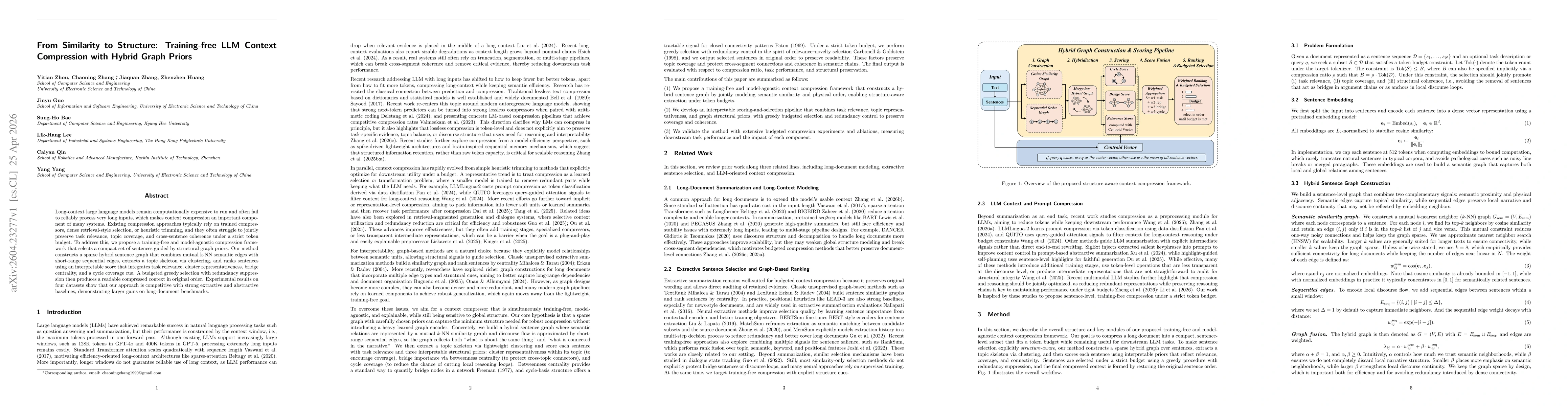 Thumbnail for From Similarity to Structure: Training-free LLM Context Compression with Hybrid Graph Priors