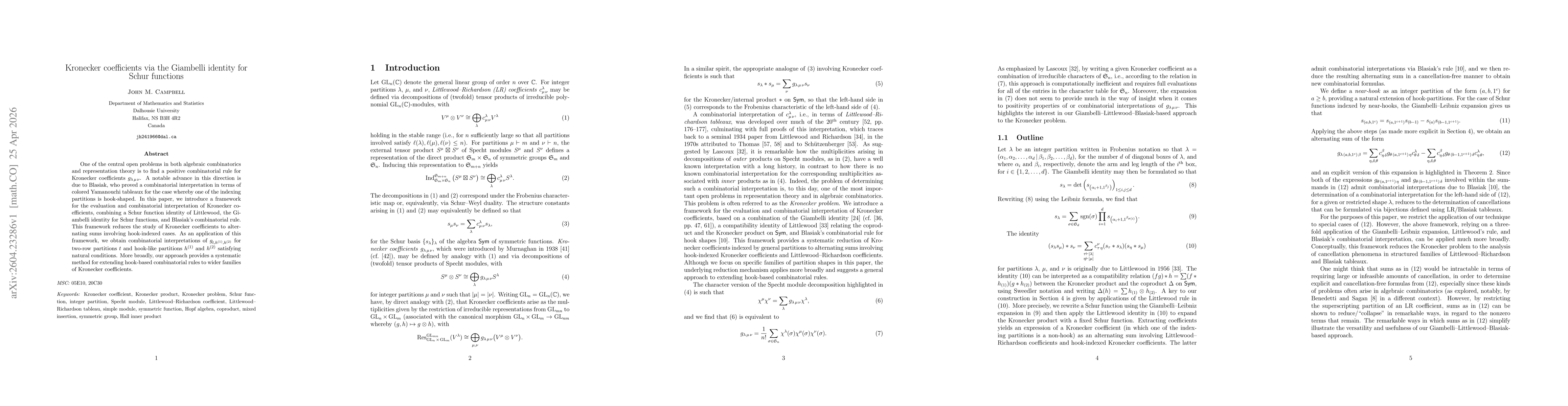 Thumbnail for Kronecker coefficients via the Giambelli identity for Schur functions