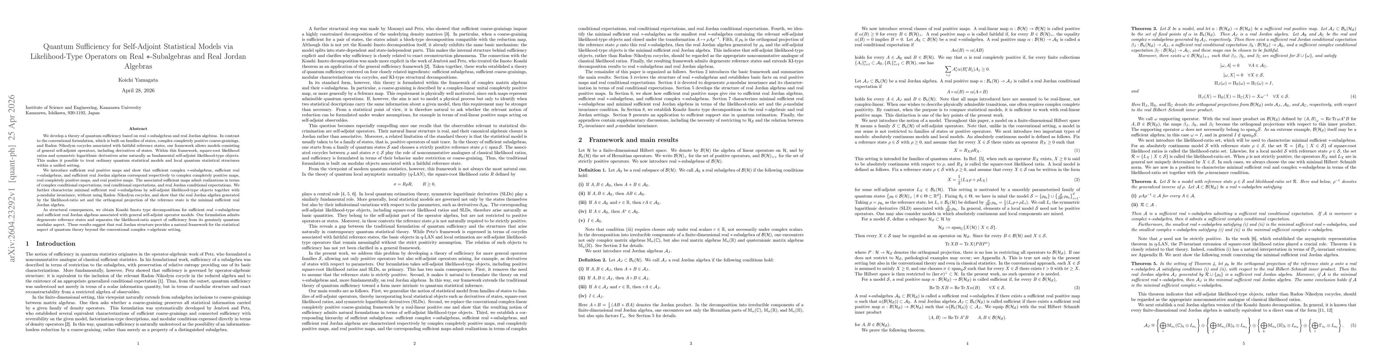 Thumbnail for Quantum Sufficiency for Self-Adjoint Statistical Models via Likelihood-Type Operators on Real $*$-Subalgebras and Real Jordan Algebras