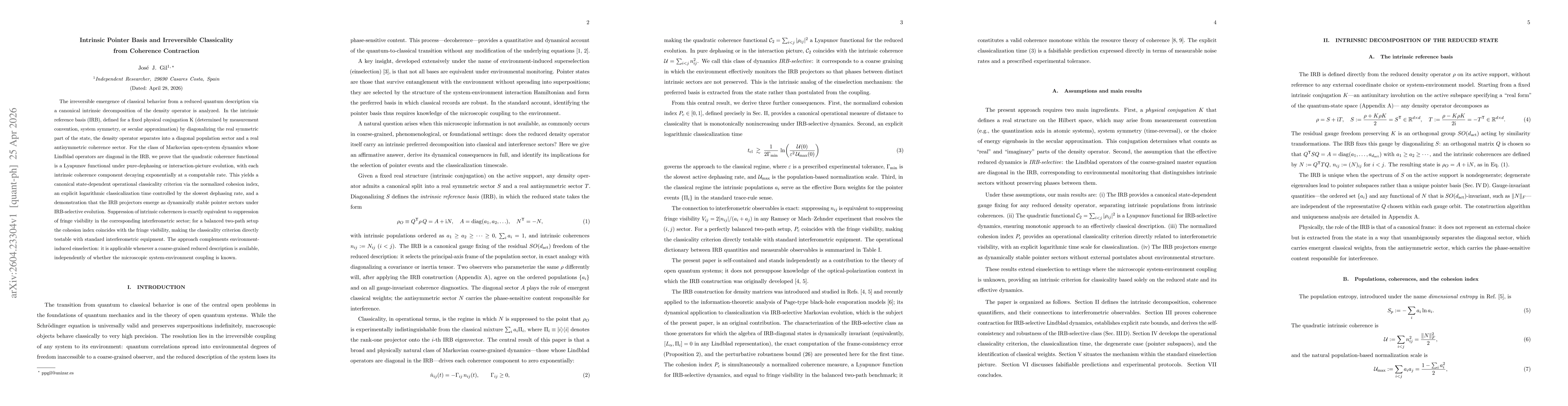 Thumbnail for Intrinsic Pointer Basis and Irreversible Classicality from Coherence Contraction
