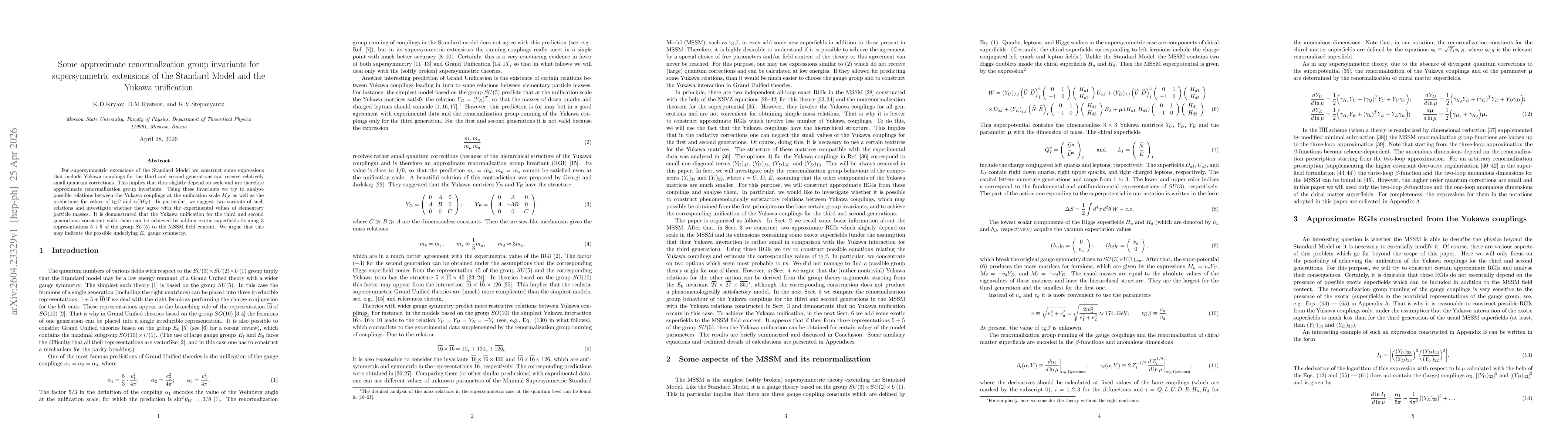 Thumbnail for Some approximate renormalization group invariants for supersymmetric extensions of the Standard Model and the Yukawa unification