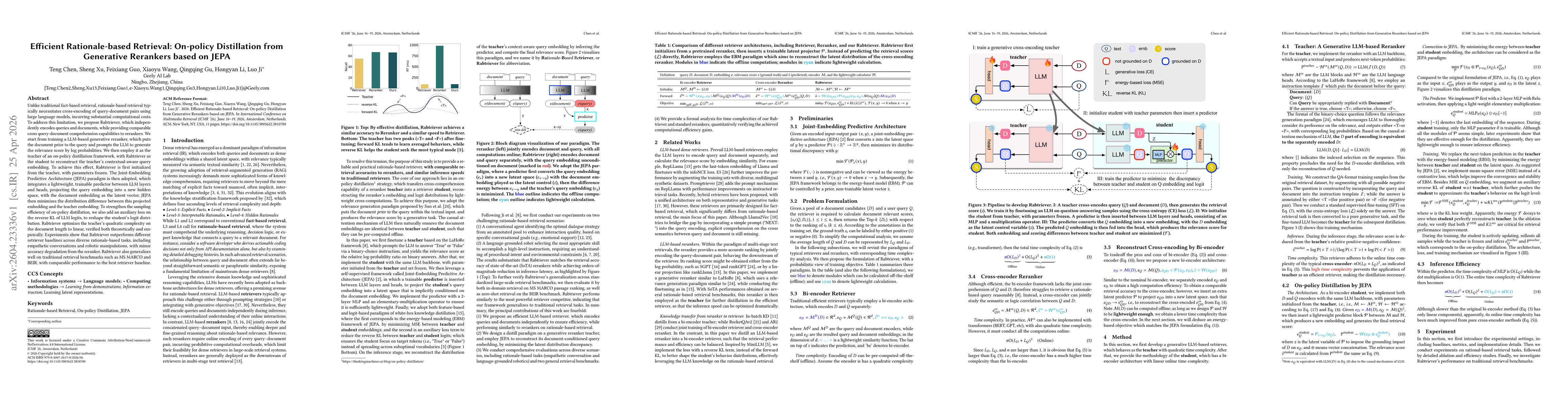 Thumbnail for Efficient Rationale-based Retrieval: On-policy Distillation from Generative Rerankers based on JEPA