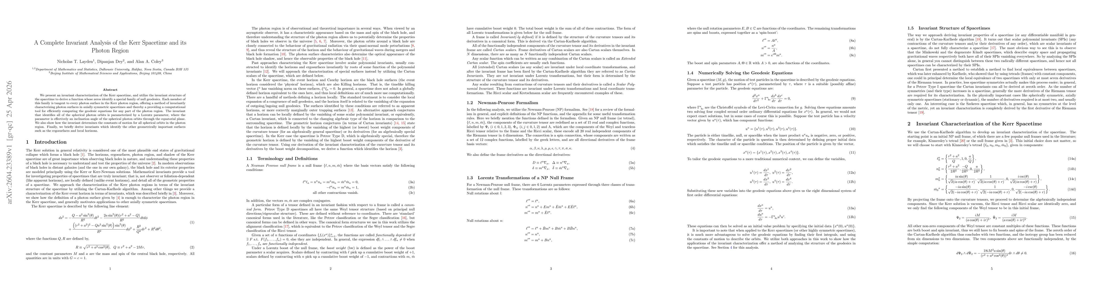 Thumbnail for A Complete Invariant Analysis of the Kerr Spacetime and its Photon Region